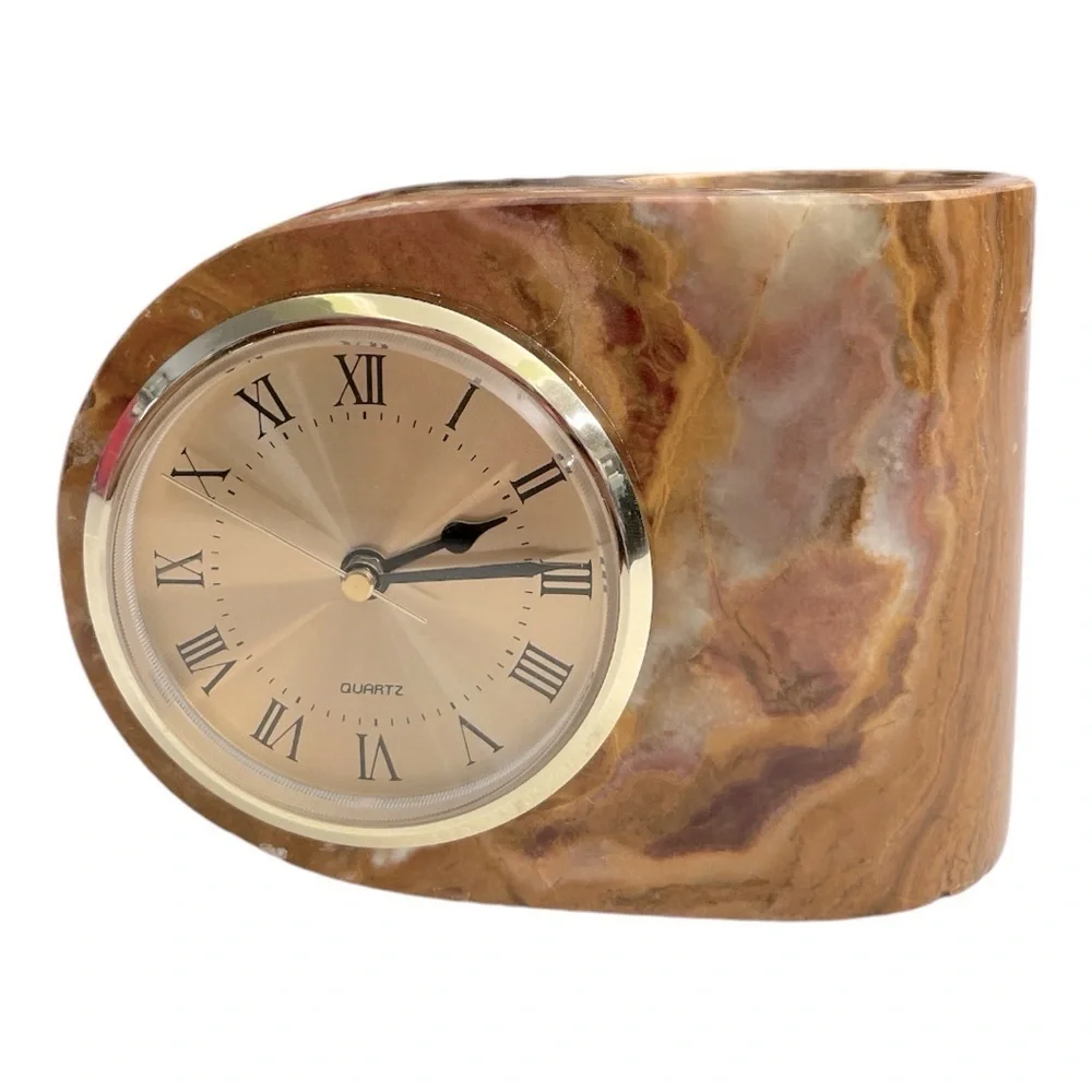 Vintage Heavy Onyx Stone Quartz Desk Clock Pen Holder Roman Numerals Working